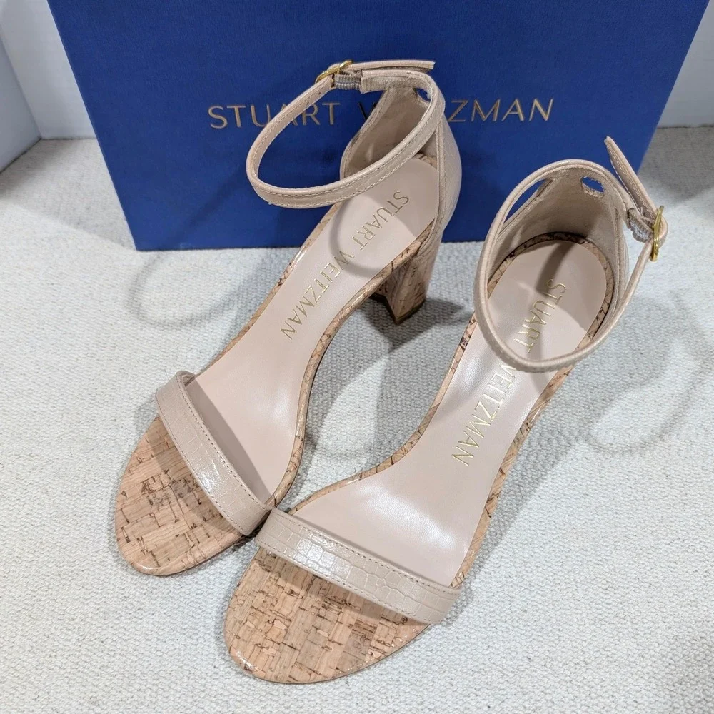 Stuart Weitzman Nearlynude Adobe Beige Croc Cork Block Heel Sandals 7.5 AA NIB